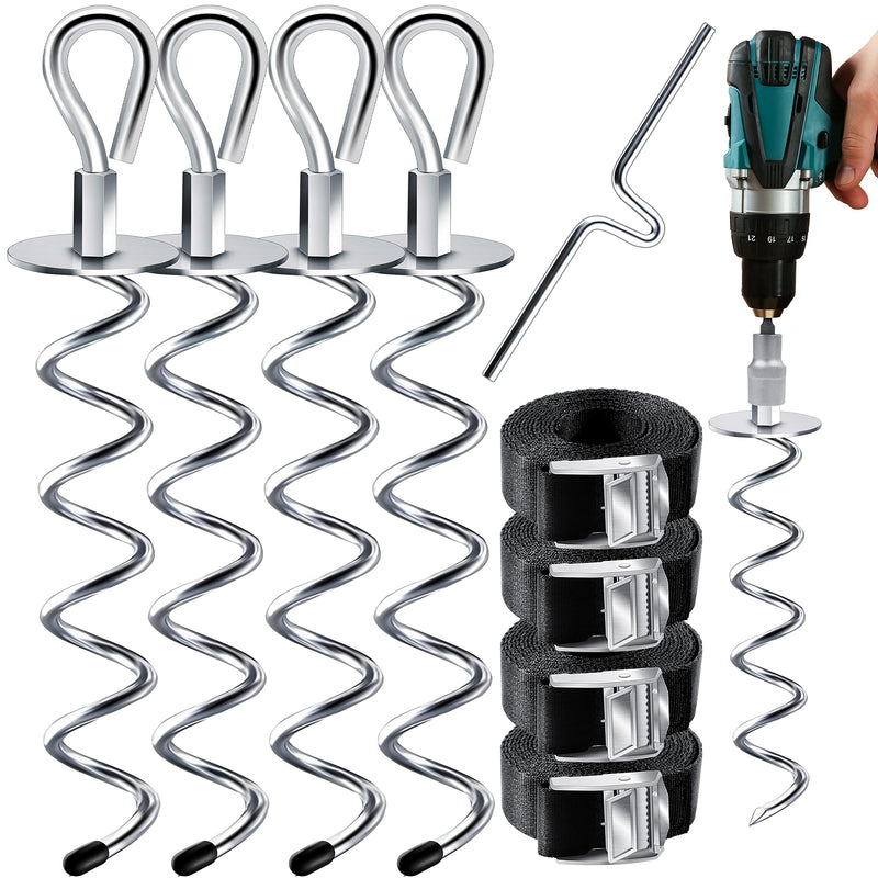 KESSER® 4 ground anchors 9-piece set attachment for trampoline, swing, pavilion, party tent, garden house, swing, tent, made of 1cm diameter stainless steel For screwing in, 4 straps + silver turning aid - PawsPlanet Australia