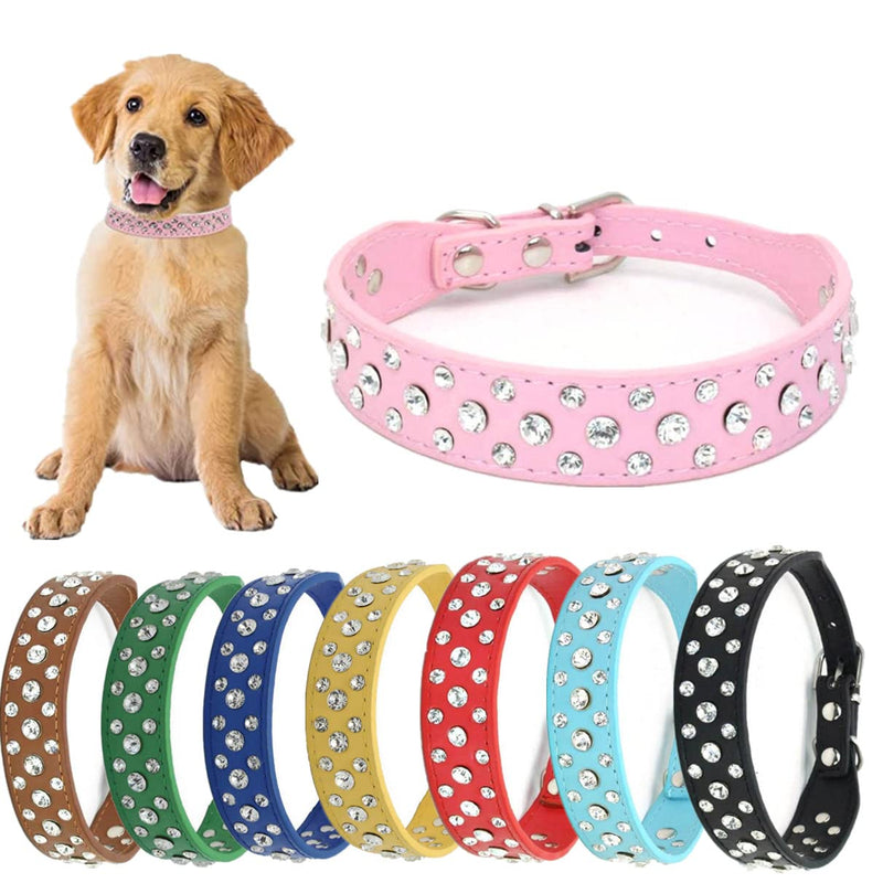 Rhinestone Dog Collar Adjustable Durable PU Leather Crystal Pet Collar Diamond Bling Cat Collar for Small Medium Large Dogs Pink S Rose - PawsPlanet Australia