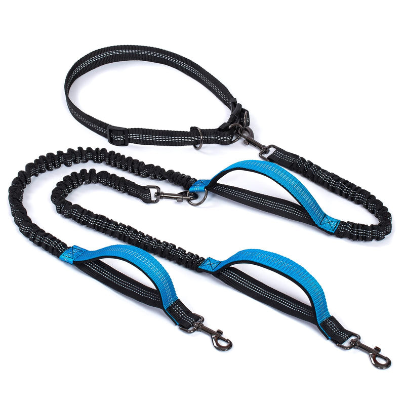 Snocyo jogging leash for dogs, double leash for two dogs, elastic and reflective double leashes for medium and large dogs, retractable leash with handles and waist belt for two or one dog, black and blue - PawsPlanet Australia