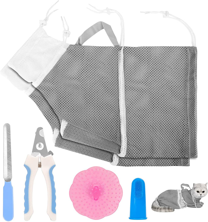 Cat Grooming Bag, Cat Shower Net Bag, 6PCS Cat Bathing Bag Kit, Includes Cat Shower Net Bag Bath Grooming Bag Pet Nail Clipper Kitten Nail File Cat Finger Toothbrush for Pet Cat Bathing - PawsPlanet Australia