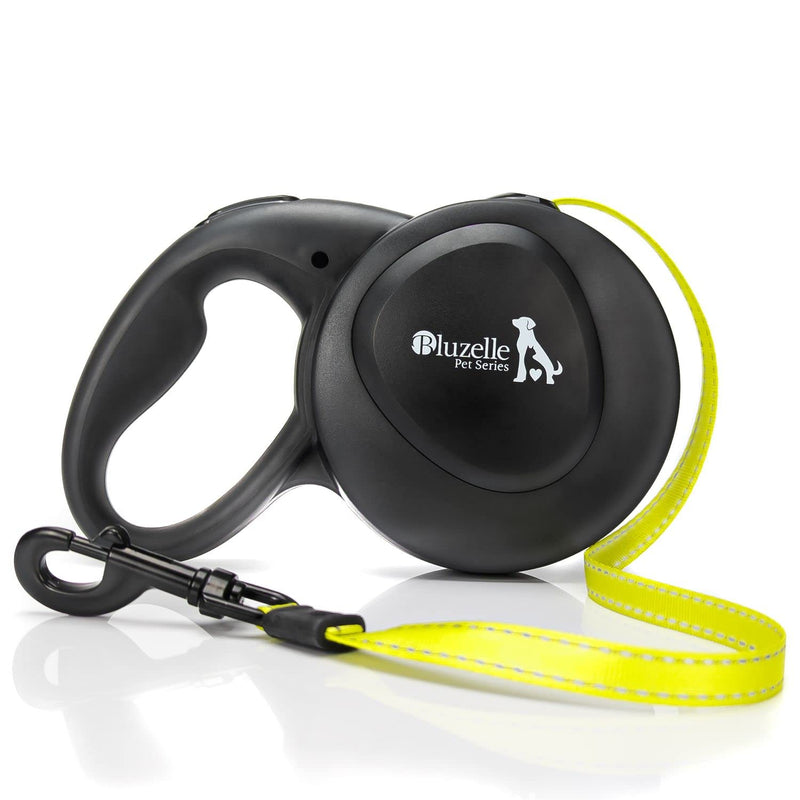 BLUZELLE 8m long dog leash for dogs up to 50kg, flexible retractable leash, neon yellow, bright reflector strap with 360° metal carabiner hook, ergonomic black rubberized handle & retraction brake - PawsPlanet Australia