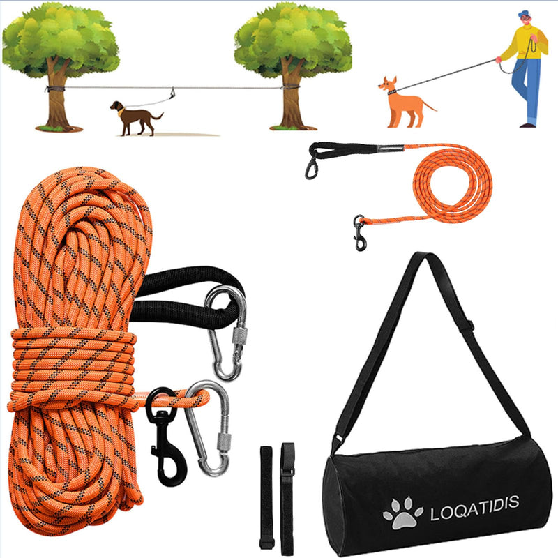 LOQATIDIS 3 in 1 Dog Tie Out Cable, 15m 30m Portable Overhead Trolley System, Reflective Dog Leash for Yard Camping Parks Training Running Hiking Outdoor, with Large Capacity Shoulder Bag System 30m+3m for One Dog / Orange - PawsPlanet Australia