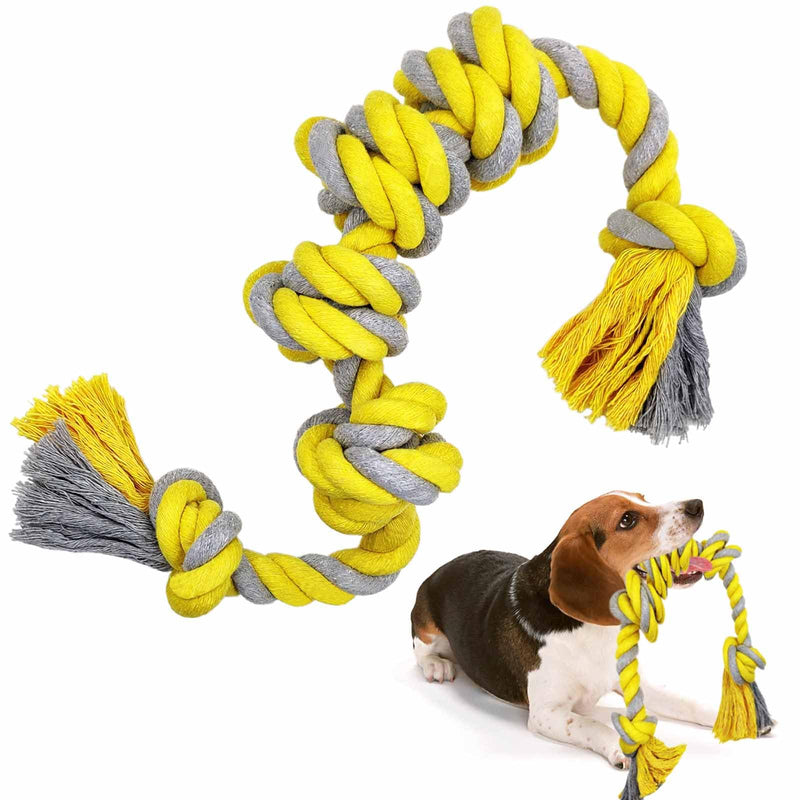 Dr. MUYA Toy for Dogs, Six Knot Cotton Rope Yellow Gray Chew Toy Interactive Game Rope Suitable for Medium and Large Dogs 62cm 350g (yellow, gray) 350g - PawsPlanet Australia
