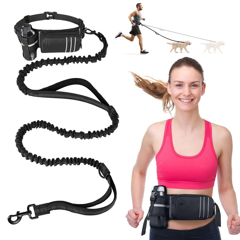 Jogging leash for dogs, Heelay belt bag for running, jogging, hiking, jogging leash and normal dog leash for large, medium-sized dogs with double handle, waist strap, dog leash with reflective stitching, black - PawsPlanet Australia