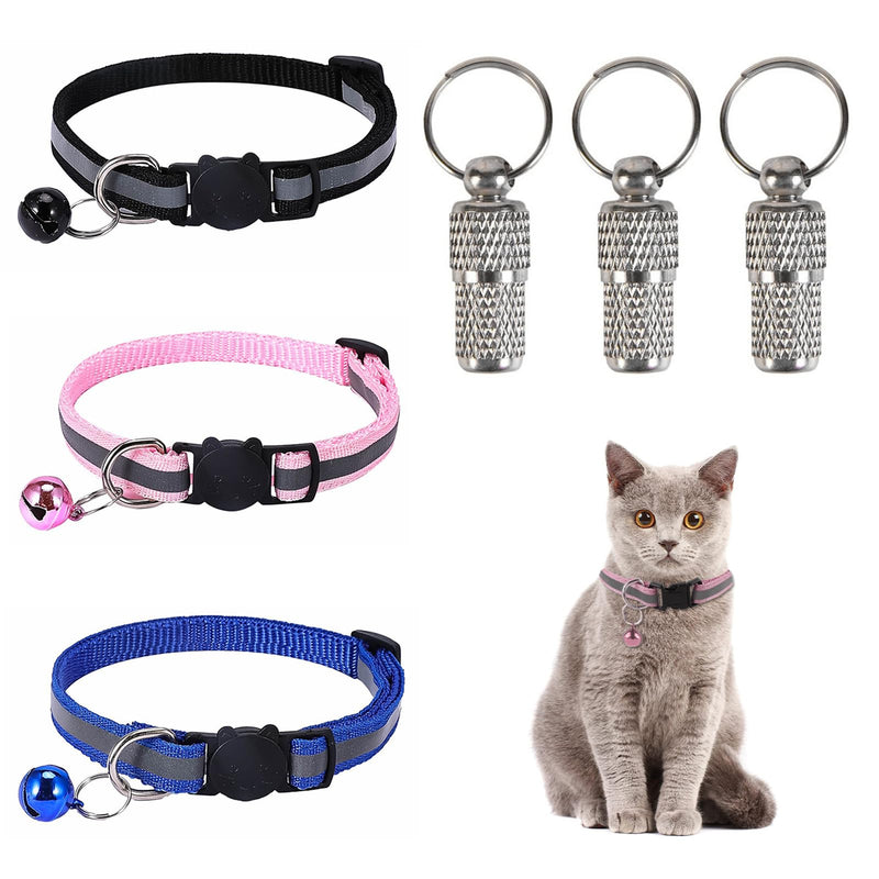 Reflective cat collar, adjustable address capsule, pack of 3 cat collars, reflective cat collar with safety clasp and bell, address tag for dogs, cats, cat collar - PawsPlanet Australia