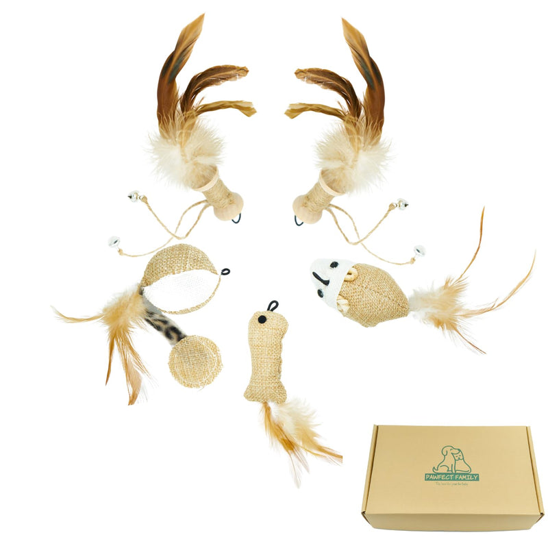 Pawfect Family® Natural Cat Toy Set: 5 Sisal Toys with Feather Charms. Suitable as a replacement for cat fishing rods. - PawsPlanet Australia