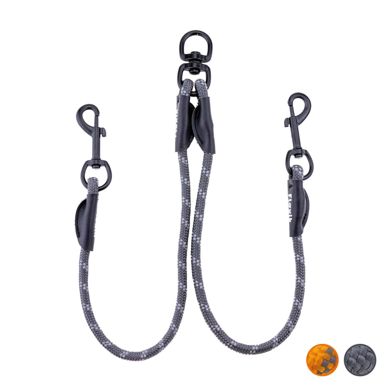 Floxik Tau double leash for 2 dogs grey/orange - reflective, stretchy and tangle-free - double dog leash for coupling - perfect for small to medium dogs small | ø 8mm - PawsPlanet Australia