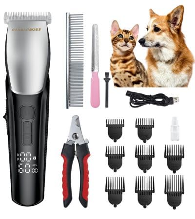 BarberBoss Dog Groomer with 8 Comb Attachments, Slim Design with 4 Speed Settings, 100% Waterproof, R-Shaped Ceramic Head, LED Display, Cordless Clipper for Dogs & Cats, QR-9083 - PawsPlanet Australia