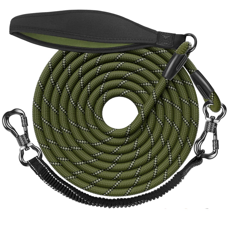 Aystkniet Bungee Tow Leash for Dogs 3M 4.5M 5M 6M 9M 10M 12M 15M 20M 30M, Shock-Absorbing Dog Leash with Padded Handle Reflective Threads Lockable Hook for Medium Large Dogs 20M × 8MM Army Green - PawsPlanet Australia
