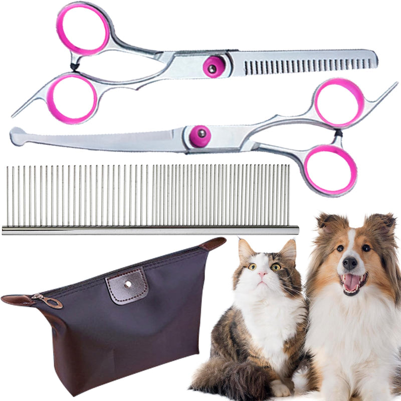 DKDDSSS Pack of 4 dog scissors, dog grooming scissors with round safety tip, professional hair scissors set, grooming comb, thinning scissors, curved scissors, for grooming dogs, cats, pets - PawsPlanet Australia