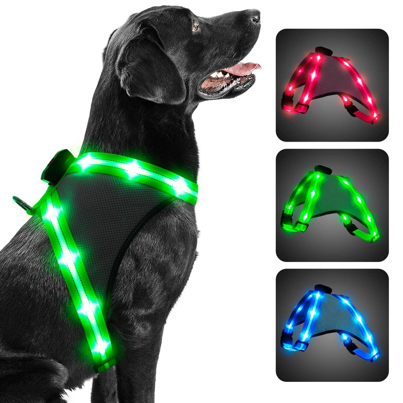 ChalkLit LED Dog Harness, Luminous Rechargeable Illuminated Reflective Dog Harness Glows in the Dark, LED Dog Safety Vest Lights for Night Walks (Green, L) Green - PawsPlanet Australia