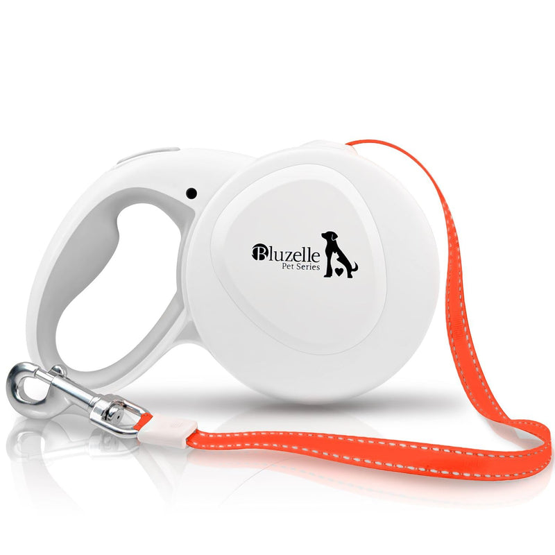 bluzelle 8m long dog leash for dogs up to 50kg, flexible retractable leash, neon orange, bright reflector strap with 360° metal carabiner hook, ergonomic handle, gray rubberized & retraction brake, white - PawsPlanet Australia