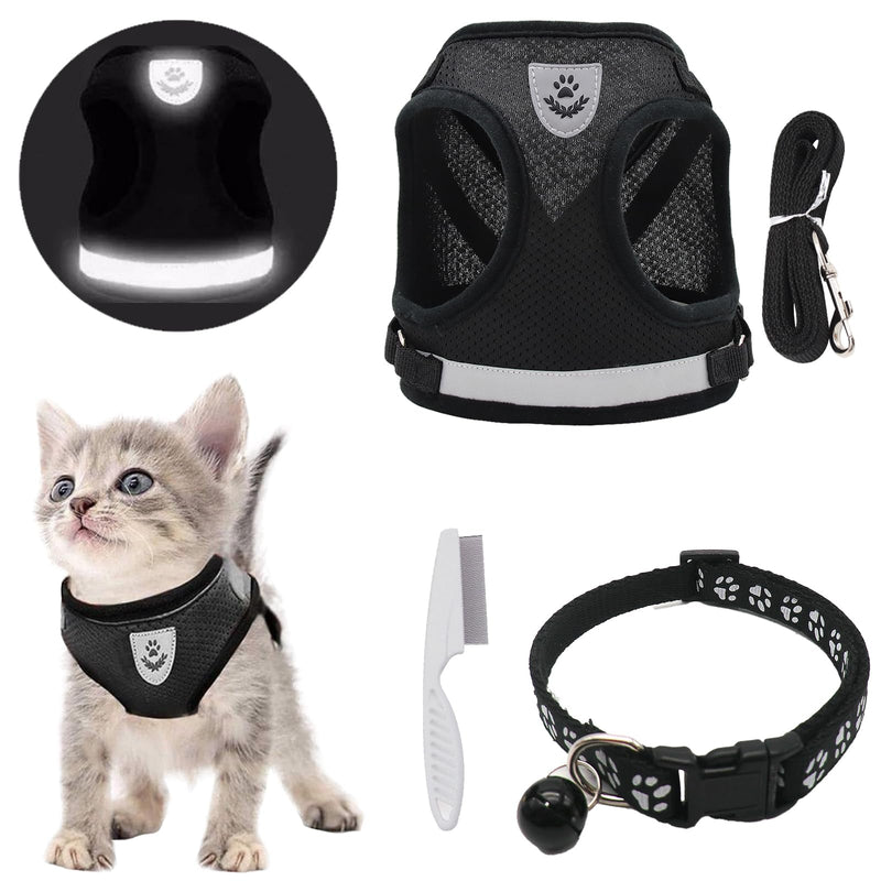 DKDDSSS Cat Harness with Leash Set, Cat Harness, Escape-Proof Adjustable, Cat Vest with Reflective Strips with Cat Collar, for Kitten Dogs (S, Black) S - PawsPlanet Australia