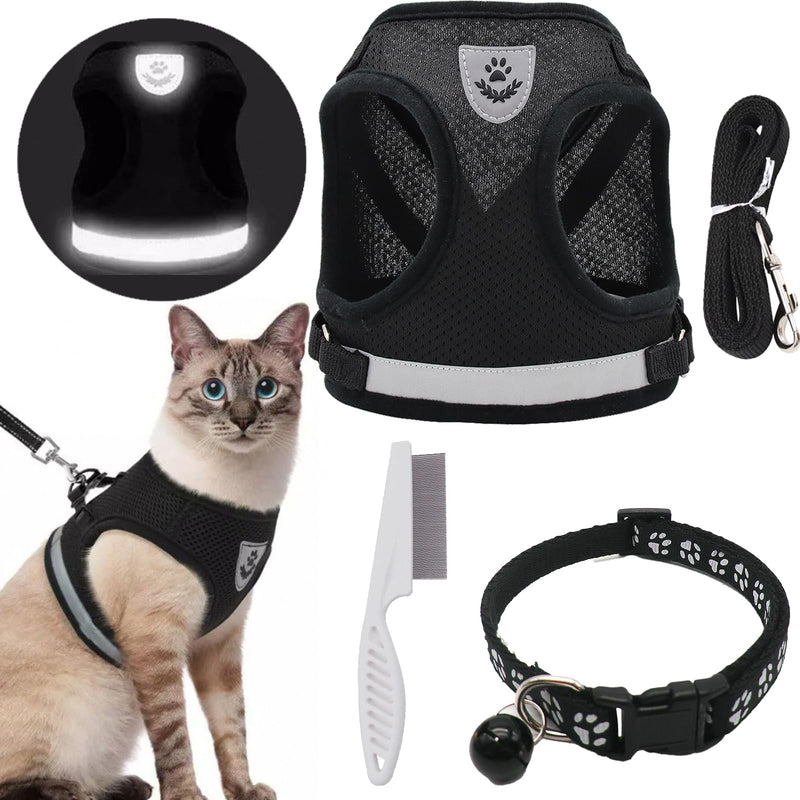 DKDDSSS Cat Harness Cat Leash Set, Cat Harness Escape-Proof Adjustable, Adjustable Cat Harness with Reflective Strips with Cat Collar, for Kitten Dogs (M, Black) M - PawsPlanet Australia