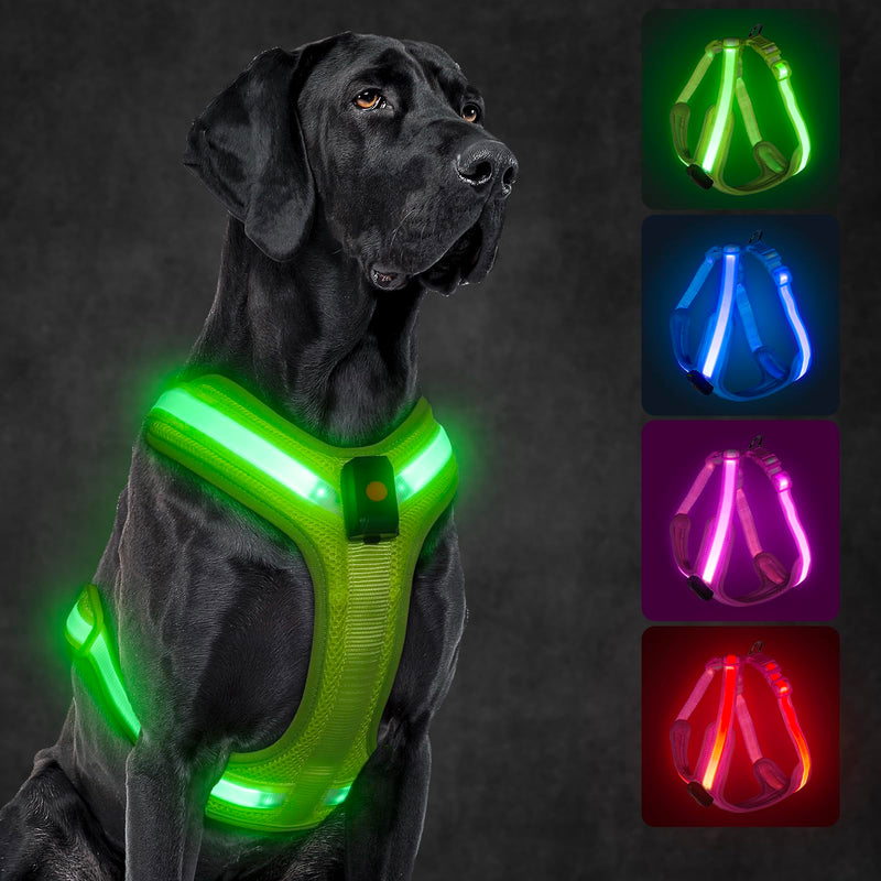 KOSKILL LED Dog Harness Rechargeable Illuminated Dog Harness Glows in the Dark LED Dog Vest Reflective Dog Lights for Night Walks (Green, M) Green - PawsPlanet Australia