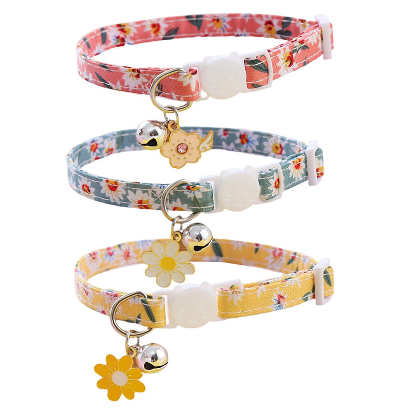 Pack of 3 Cat Collar with Bell, Adjustable Cat Collar Release Click Buckle, Flowers Pendant Cute Cat Collar, Cat Collars for Girls Boys - PawsPlanet Australia