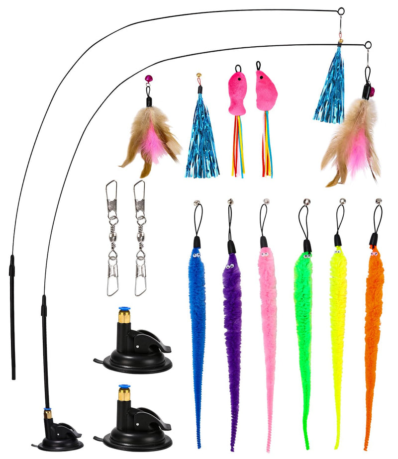 LEAZZLE cat toy, 16 pieces cat toy with feathers, cat toy with 2 retractable interactive cat fishing rods and 14 pieces feather/bug/mouse replacement with bells - PawsPlanet Australia