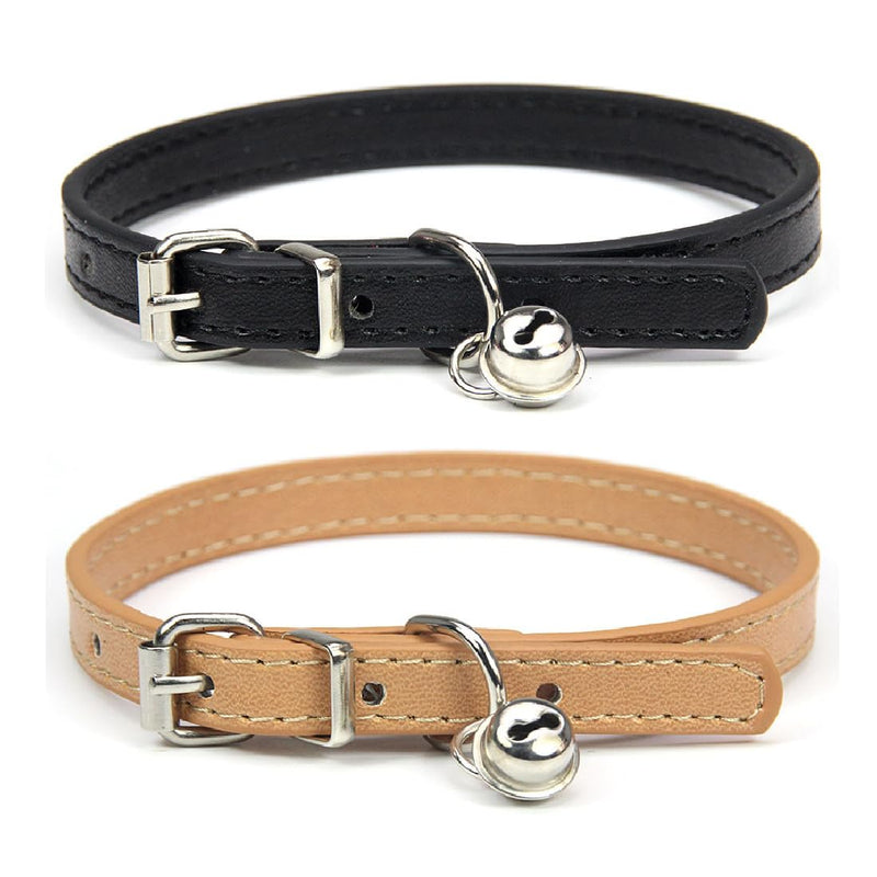 Tadipri Pack of 2 Leather Cat Collars with Bell Polished Safety Collar for Cats with Elastic Strap for Kittens Puppies Dogs Cats (Black/Khaki) - PawsPlanet Australia