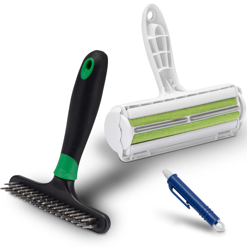 FinoPet set of 3 de-matting curry combs as a dog brush/cat brush, XL lint roller and tick tweezers, de-matting hooks for all animal sizes, animal hair remover, automatic tick removal - PawsPlanet Australia