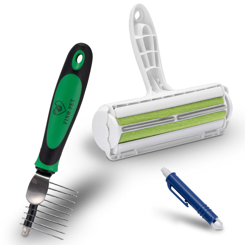 FinoPet set of 3 de-matting comb as dog comb/cat comb, XL lint roller and tick tweezers, de-matting rake/comb for all animal sizes, animal hair remover, automatic tick removal - PawsPlanet Australia