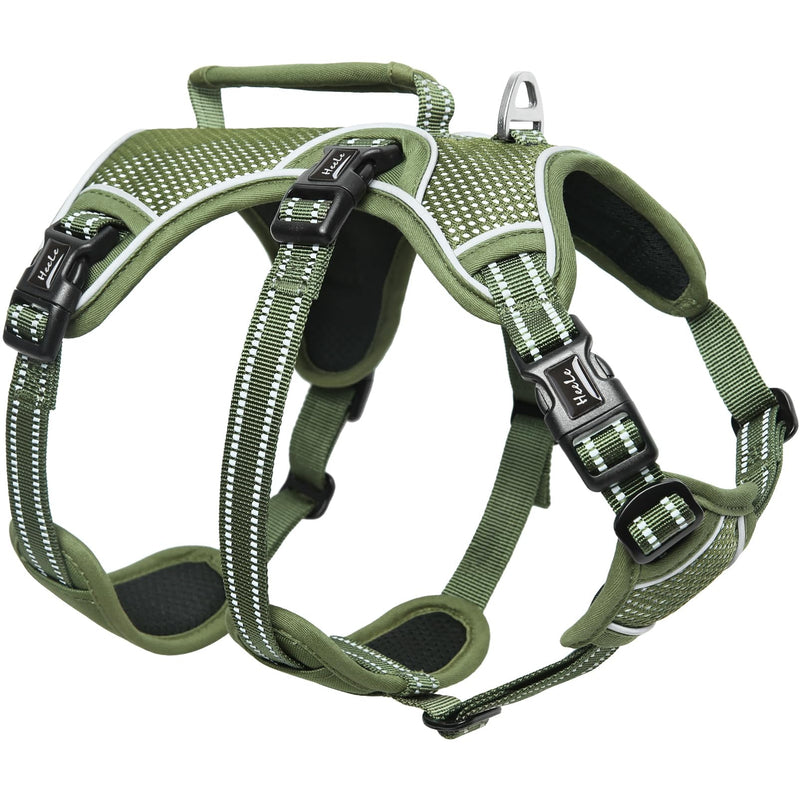 HEELE dog harness, escape-proof, buckle in the neck area, reflective, chest harness with robust handle, panic harness for dogs, dog harness with a stable impression, fits like a glove, green, L - PawsPlanet Australia