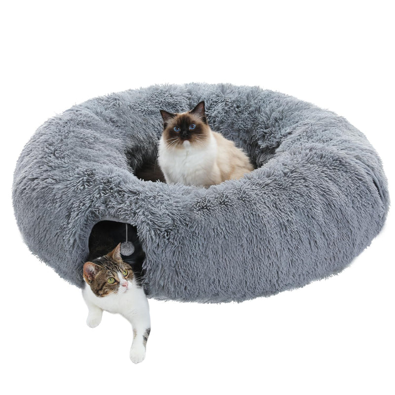 PAWZ Road Plush Cat Tunnel for Indoor Cats, Multifunctional Cat Toy Gray Donut Circle - PawsPlanet Australia