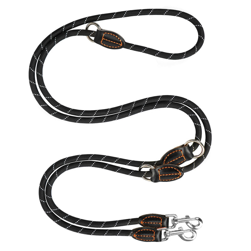 Dog leash 3 m adjustable for large and medium-sized dogs, adjustable double leash made of nylon with 2 carabiner hooks and 3 rings, dog leash 14 mm (black) - PawsPlanet Australia