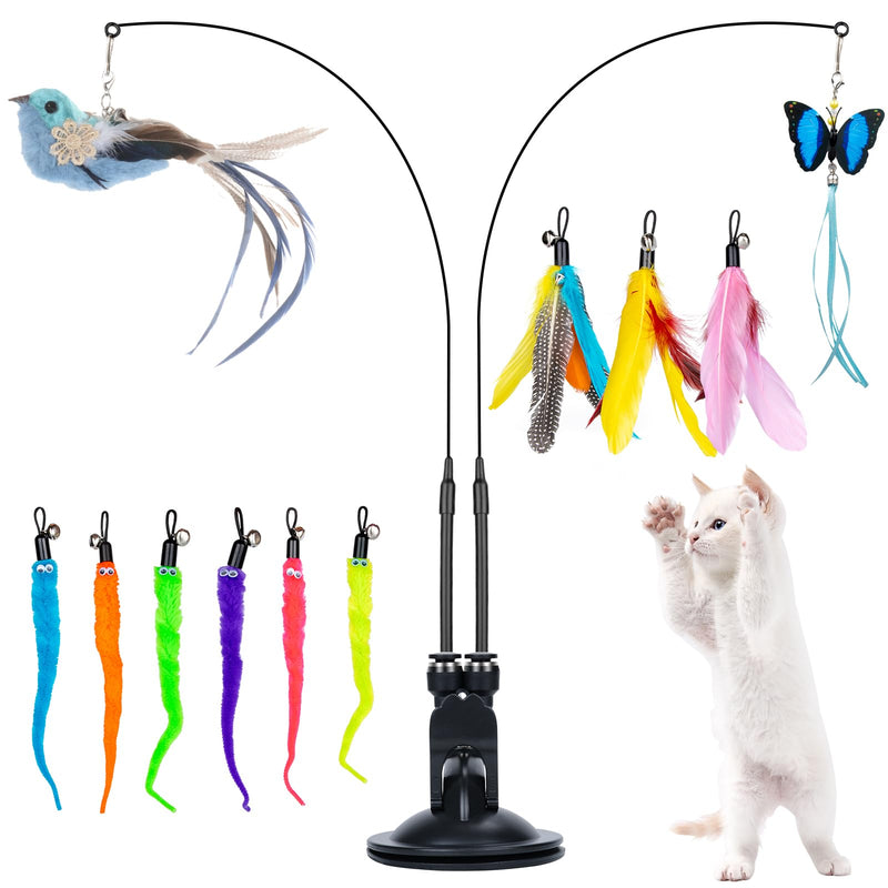 MEYDLL Pack of 14 Interactive Cat Toys with Feather Cat Fishing Rod Cat Feather Toy with 2 Hole Suction Cups for Kitten Cat Magic Wand Toy Wire with Bird Feathers Butterfly Worm Color 1/14 Piece Cat Toy - PawsPlanet Australia
