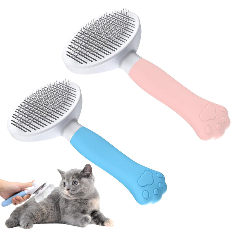 Pack of 2 Cat Brushes, Short Hair/Long Hair Cat Brush, Self-Cleaning with Handle for Removing Undercoat, Dogs, Cats, Rabbits, Undercoat Brush (Pink Blue) - PawsPlanet Australia