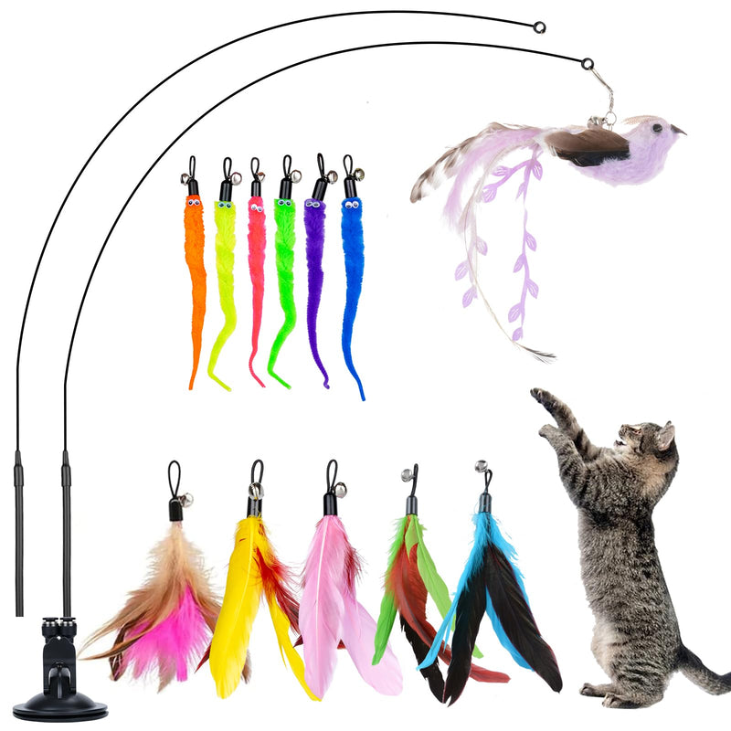 GOHHME Pack of 15 interactive cat toy fishing rod with feather, cat toy with bird, cat fishing rod with suction cup, cat stick toy with feathers for cats, feather toy with suction cup - PawsPlanet Australia