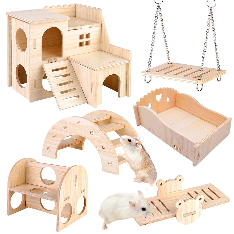 Toys for Hamsters Made of Wood, Pack of 6 Hamster Chew Toys, DIY Hamster Toys, Hamster House Bridge Seesaw Swing Cage Decor Accessories for Gerbils, Guinea Pigs, Chinchilla, Rabbits, Birds - PawsPlanet Australia