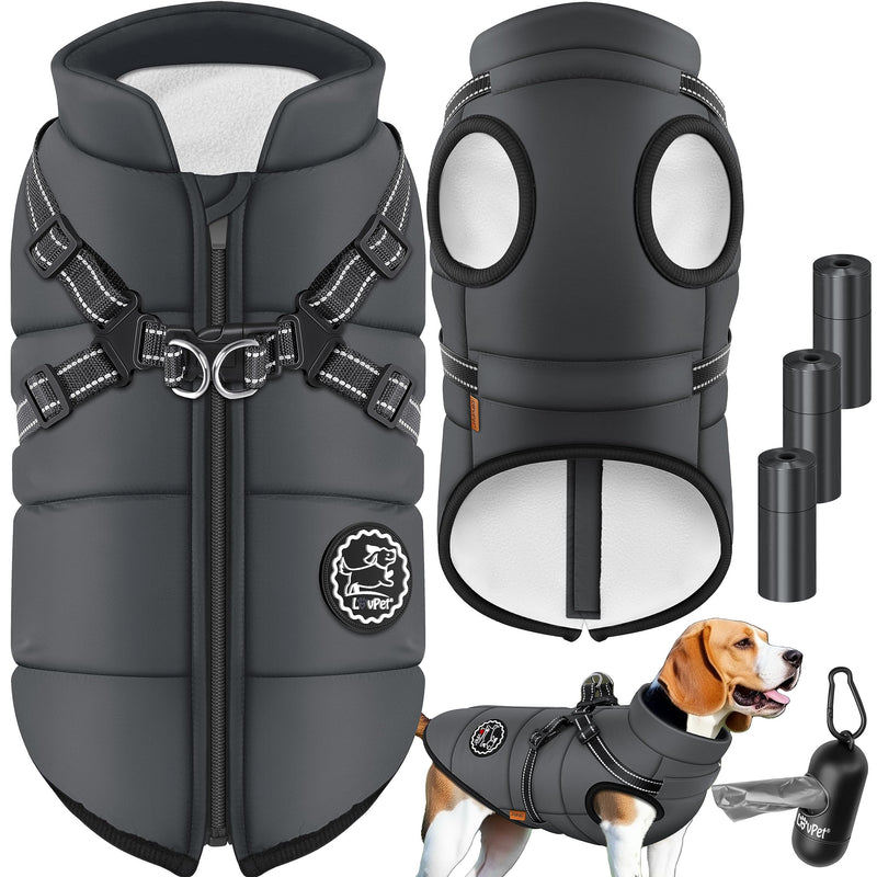 Lovpet® dog jacket dog coat with harness, including 45 poop bags + dispenser, dog winter vest lined waterproof, padded vest with chest strap, reflectors, D-ring XL, anthracite - PawsPlanet Australia