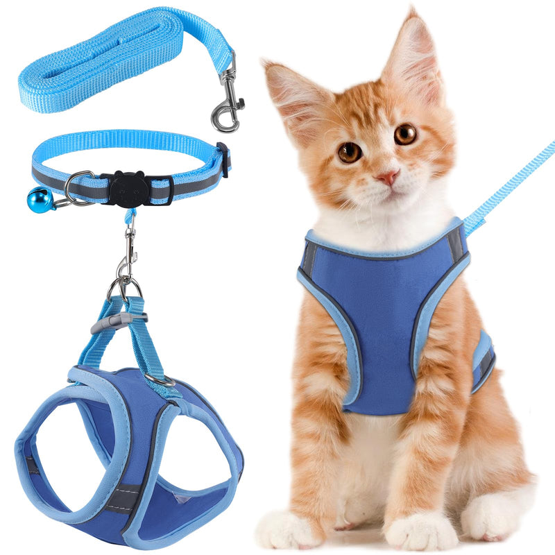 FIHODONE Cat harness with cat leash, cat collar, cat harness with leash, escape-proof, cat harness, adjustable, cat leash with harness for cats, orange with reflective strips (L, blue) L - PawsPlanet Australia