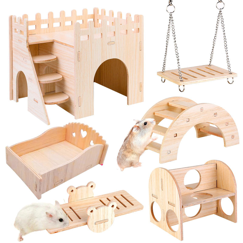 SUNOYA Toys for Hamsters Made of Wood - Pack of 6 DIY Hamster Toys - Hamster Hideout House Bridge Seesaw Swing Training Toy, Hamster Accessories for the Cage for Gerbils Rats Dwarf Hamsters - PawsPlanet Australia