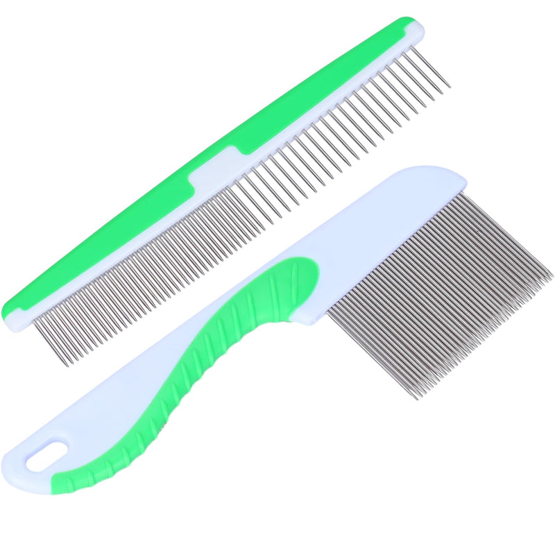 2 pieces dog comb stainless steel cat comb flea comb cat comb dog comb for dogs cats with short, medium, long hair (green) - PawsPlanet Australia