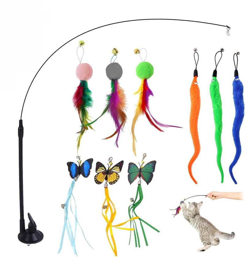 Pack of 11 interactive cat toys with feathers, cat fishing rod with feathers, cat toy fishing rod with suction cup, cat fishing rod suction cup with butterflies, feathers and beetles, for cats and kittens - PawsPlanet Australia