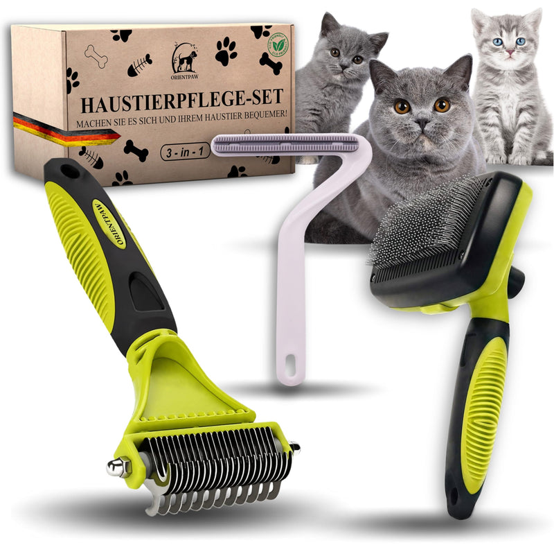 ORIENTPAW® professional cat brush set of 3 - cat care set - 100% comfort and hygiene thanks to rounded massage bristles - self-cleaning cat fur brush for short hair and long hair - undercoat brush for cats NATURAL GREEN - PawsPlanet Australia