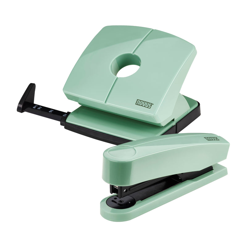 Novus ColorID desk set in mellow mint, stapler B2 stapling capacity 25 sheets & hole punch B220 punching capacity 20 sheets - PawsPlanet Australia
