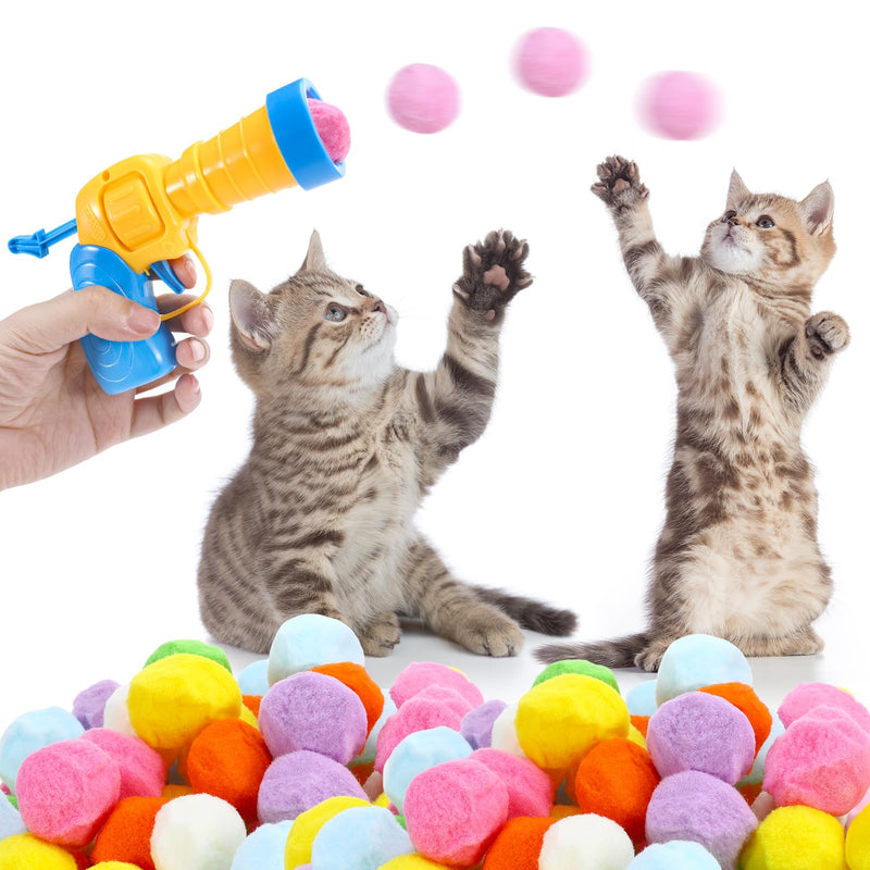 Fanshiontide Pack of 100 Cat Toy Balls with Cat Toy Launcher, Interactive Toy Funny Cat Toys Relieves Depression, Stretch Plush Ball Toy for Indoor Cats Kitty - PawsPlanet Australia