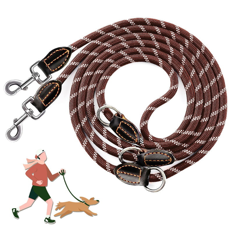 Dog Leash for Large and Medium Dogs - Ricihene Adjustable Double Nylon Leash with 2 Snap Hooks and 3 Rings - 3m x 15mm - Brown - PawsPlanet Australia