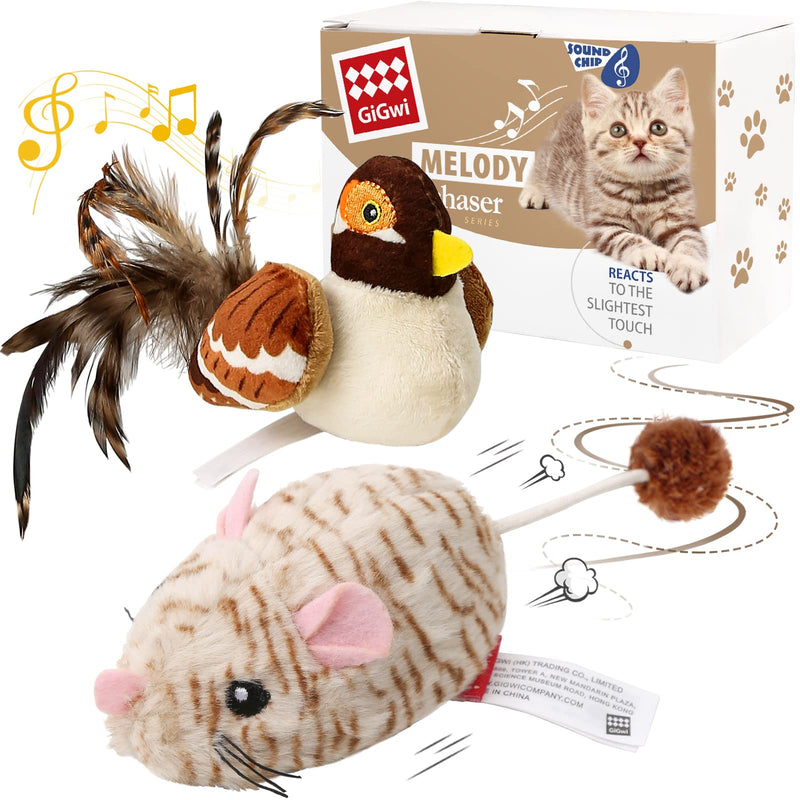 2 Pack Interactive Cat Toy Chirping Bird and Automatic Moving Mouse, Cat Toy for Indoor Cats with Soft Plush Interactive Cat Toy with Real Animal Sound - PawsPlanet Australia