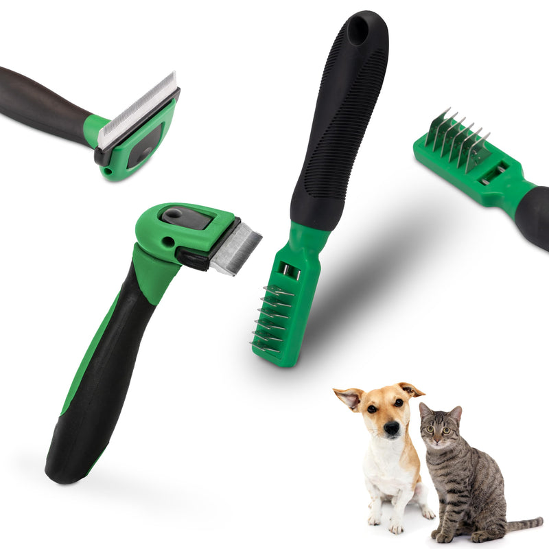 FinoPet set of 2 with fur brush and de-matting knife, long-hair short-hair undercoat brushes, animal hair remover, trimming knife, plucking brush under-fur brush for grooming dogs and cats. Set of 2 de-matting brush and deshedder - PawsPlanet Australia