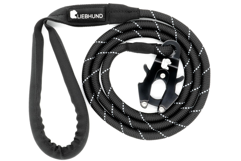 LIEBHUND Blackline stylish dog leash 1.5m in black reflective frog clip for medium-sized dogs - premium leash with handle - PawsPlanet Australia