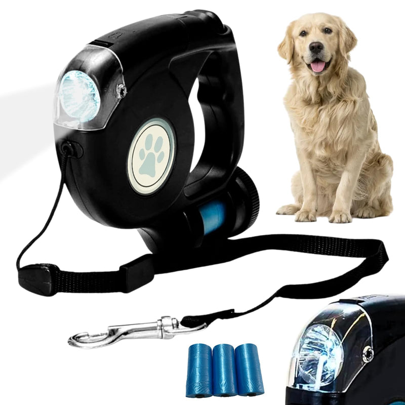 Dog leash, 5m retractable leash for dogs, with LED flashlight, 360° knot-free extended leash with bag dispenser for large and medium-sized dogs up to 25 kg weight - PawsPlanet Australia