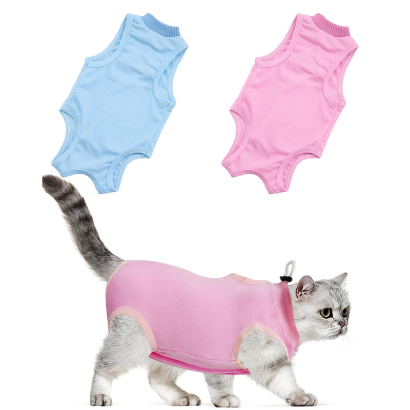 2 Pieces Cat Rehabilitation Clothes, Postoperative Recovery Clothes, Anti-Scratch and Anti-Leak Protection, Soft Cat Clothes, Wound Protection Clothes, Cat Vest, Pet Pajamas (Pink, Blue) - PawsPlanet Australia