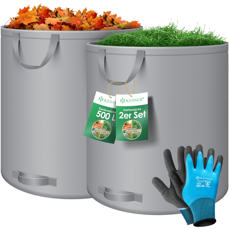 KESSER® Garden Bag 2x 500L Set of Leaf Bags Garden Waste Bags Including Gloves - Self-Standing 4 Handles Stable Robust & Foldable - Leaf Bags Lawn Cuttings Garden Bags for Garden Waste Green Cuttings Gray 2x 500 Liters - PawsPlanet Australia