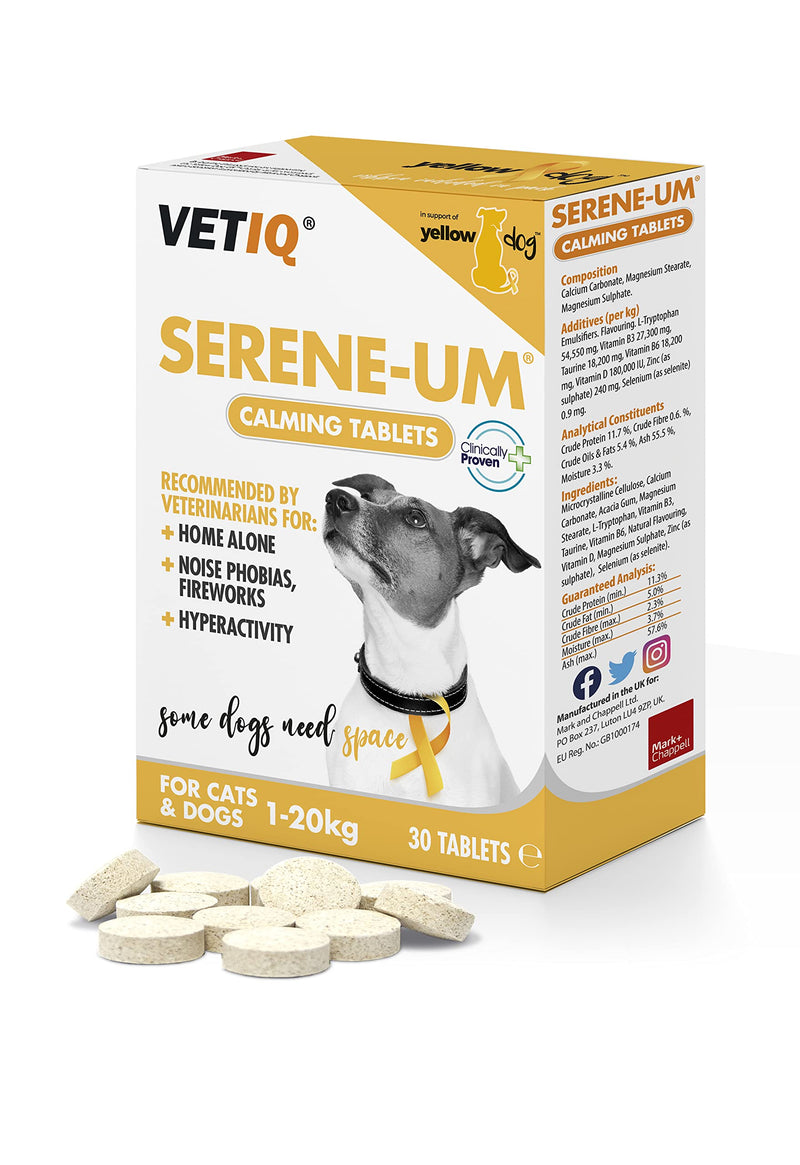 VetIQ Serene-Um® Calming Tablets For Dogs, 30 Tablets, Dog Calming Treats Recommended By Vets For Home Alone, Noise Phobias, Fireworks, Hyperactivity, No Sedative Effect Pet Remedy, Calming Dog Treats - PawsPlanet Australia