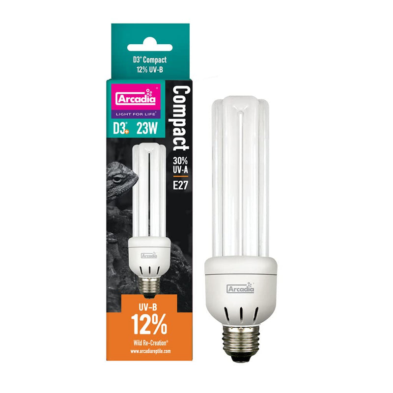 Arcadia Reptile - D3+ Compact Lamp - 12% UVB - 23 Watt - High Light Output - Produces Natural Colours - Versatile - Easy To Install - Suitable for Reptiles & Amphibians - PawsPlanet Australia