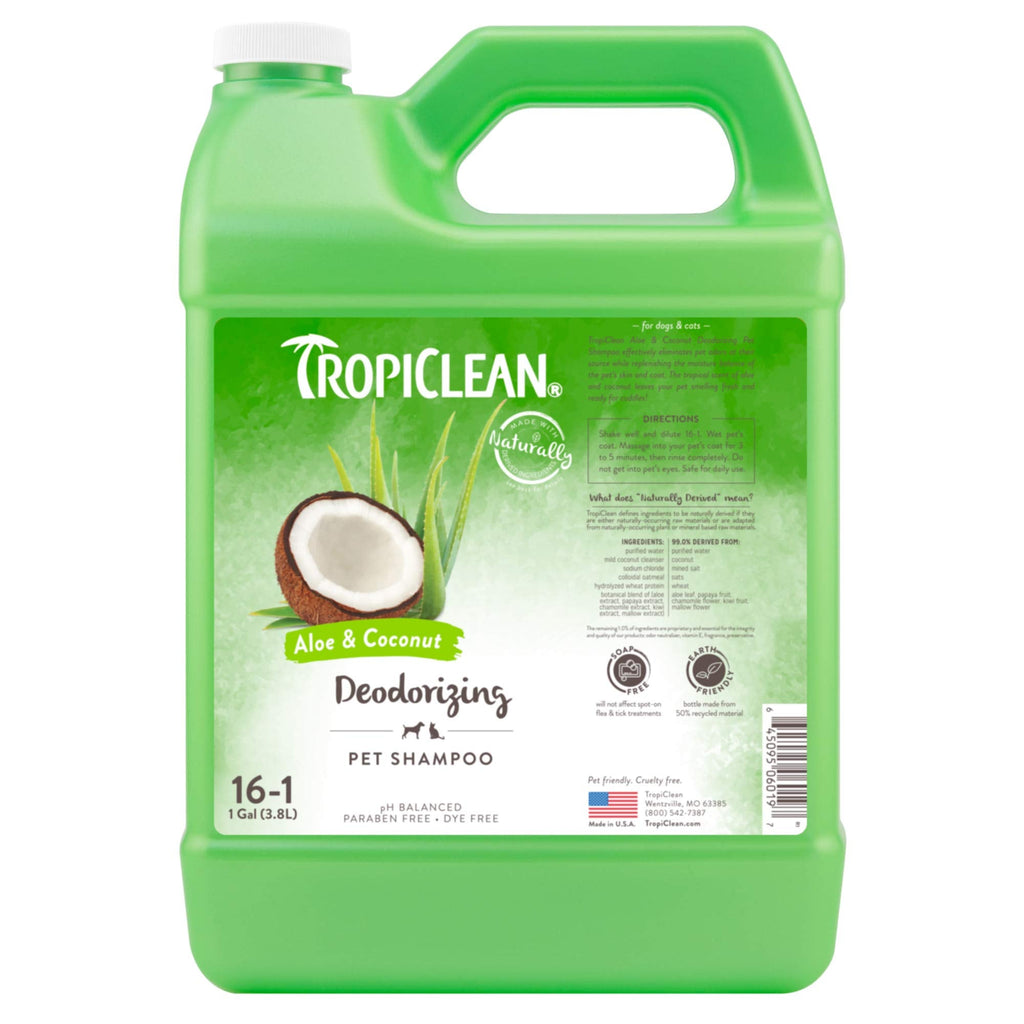 TropiClean Dog Shampoo Grooming Supplies - Deodorising Dog and Cat Shampoo for Smelly Dogs & Cats - Odour Eliminating - Derived from Natural Ingredients - Used by Groomers - Aloe & Coconut, 3.8L - PawsPlanet Australia