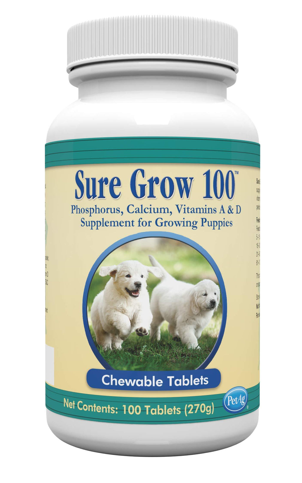 PetAg Sure Grow 100 - Puppy Vitamins - Calcium & Phosphorus Supplement for Dogs - 100 Tablets - PawsPlanet Australia